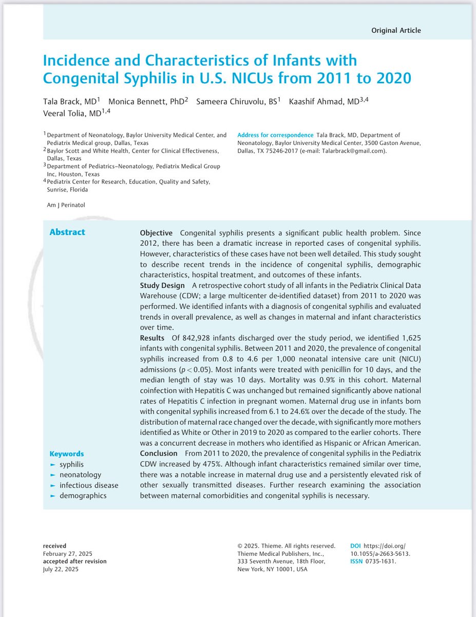 Tala Talks NICU (@tala_talks_nicu) on Twitter photo Our congenital syphilis paper is out! I feel bad I didn’t acknowledge the reviewers in the manuscript- they were so thorough and helpful. So thank you!!! And thanks to <a href="/veeraltolia/">Veeral Tolia, MD</a> for being the best research mentor ever! Read it here: pubmed.ncbi.nlm.nih.gov/40774295/ Our congenital syphilis paper is out! I feel bad I didn’t acknowledge the reviewers in the manuscript- they were so thorough and helpful. So thank you!!! And thanks to <a href="/veeraltolia/">Veeral Tolia, MD</a> for being the best research mentor ever! Read it here: pubmed.ncbi.nlm.nih.gov/40774295/ 