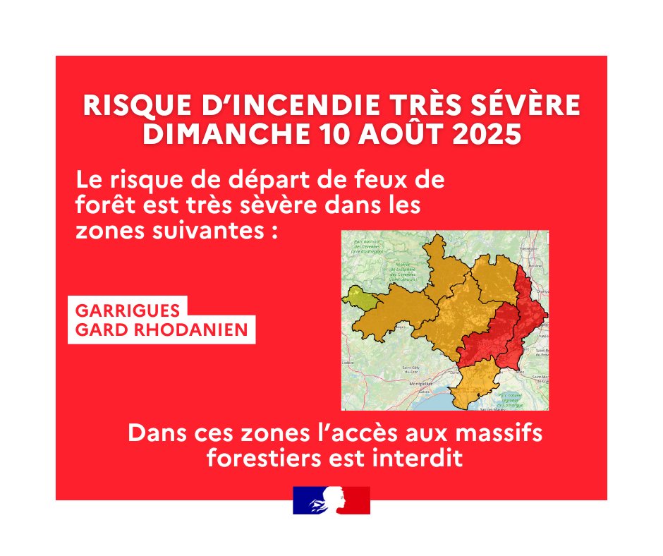 #Incendie🔥 RISQUE FEUX DE FORÊT TRÈS SÉVÈRE  Les services de l’État placent 2 zones du #Gard en risque ROUGE INCENDIE TRÈS SÉVÈRE pour la journée du mardi 05 août :   
 • GARD RHODANIEN 
• GARRIGUES  
❌ Par conséquent, les accès, la circulation et la présence humaine dans les