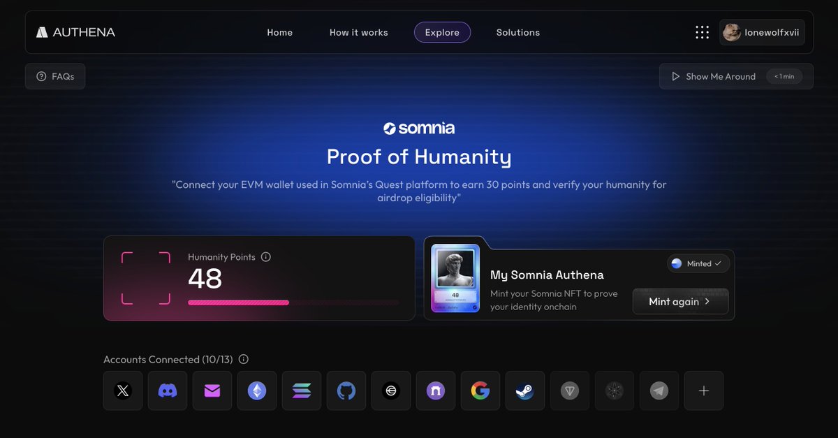 LonewolfXVII's tweet image. Built it. Shipped it.🚀
Teamed up with @Somnia_Network to launch multi-level PoH — powered by @Authena_xyz — ahead of their airdrop
Genuine users ✅
Fair rewards ✅
Bots 🚫
Big shoutout to @PoragChakma for making it happen!
Bugs? Our DMs are open — squash 🪲
#ProofOfHumanity