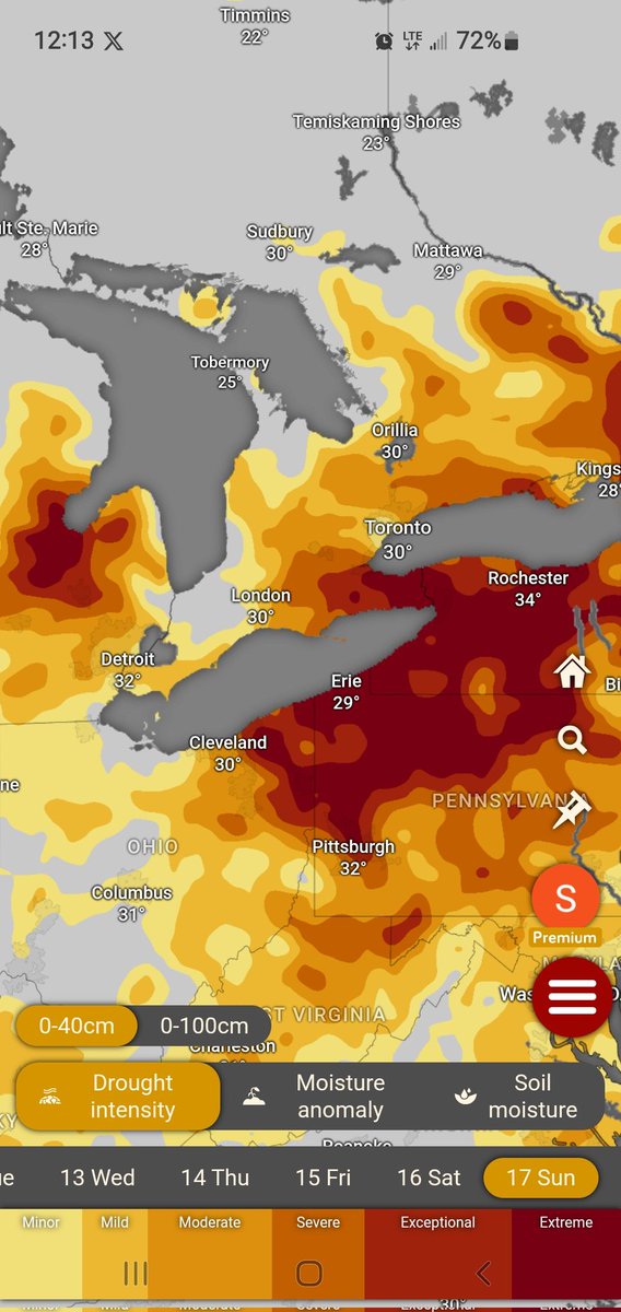 It's getting a bit sketchy.
10 day drought forecast puts much of the east half of the lake into extreme drought conditions. 
With no relief in sight, count on fire bans and water restrictions.
Soil moisture is critically low in many agricultural areas.