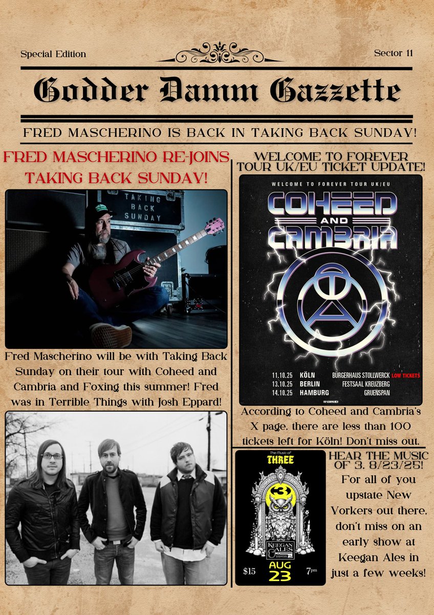 Fred Mascherino who played in Terrible Things with <a href="/Weerd_Science/">Josh Eppard</a>, will re-join <a href="/TBSOfficial/">Taking Back Sunday</a> this summer on their tour alongside <a href="/Coheed/">Coheed and Cambria</a> ! 

International COTF, tix are moving for the Welcome To Forever tour!

coheedandcambria.com

NY— Hear the music of 3 in just a few weeks!