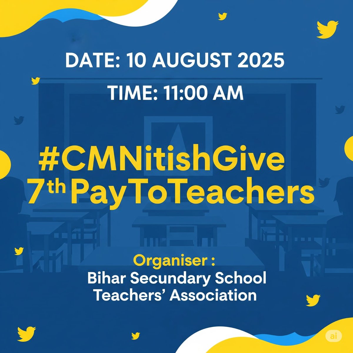 Teacher Info Point (@teacher_point) on Twitter photo 📢 बिहार के शिक्षकों का एकजुट हुंकार! 📢
🗓️ दिनांक: 10 अगस्त 2025
🕚 समय: सुबह 11:00 बजे
👥 आइए जुड़ें एक बड़े ट्विटर कैंपेन में
📲 अपनी आवाज़ ट्विटर पर बुलंद करें
✊ 7वें वेतनमान की माँग को उठाएं!
📌 हैशटैग: #CMNitishGive7thPayToTeachers
🙏 निवेदक: <a href="/Alok_Srivastava/">Alok Srivastava</a> 📢 बिहार के शिक्षकों का एकजुट हुंकार! 📢
🗓️ दिनांक: 10 अगस्त 2025
🕚 समय: सुबह 11:00 बजे
👥 आइए जुड़ें एक बड़े ट्विटर कैंपेन में
📲 अपनी आवाज़ ट्विटर पर बुलंद करें
✊ 7वें वेतनमान की माँग को उठाएं!
📌 हैशटैग: #CMNitishGive7thPayToTeachers
🙏 निवेदक: <a href="/Alok_Srivastava/">Alok Srivastava</a>