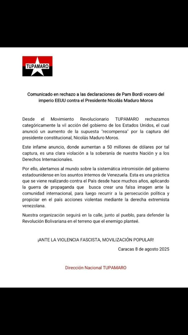 Desde el Movimiento Revolucionario Tupamaro rechazamos la vil acción del gobierno de los EEUU, el cual anunció un aumento de la supuesta recompensa por la captura del presidente constitucional, Nicolás Maduro Moro.
#tupamaroejemplodelucha
