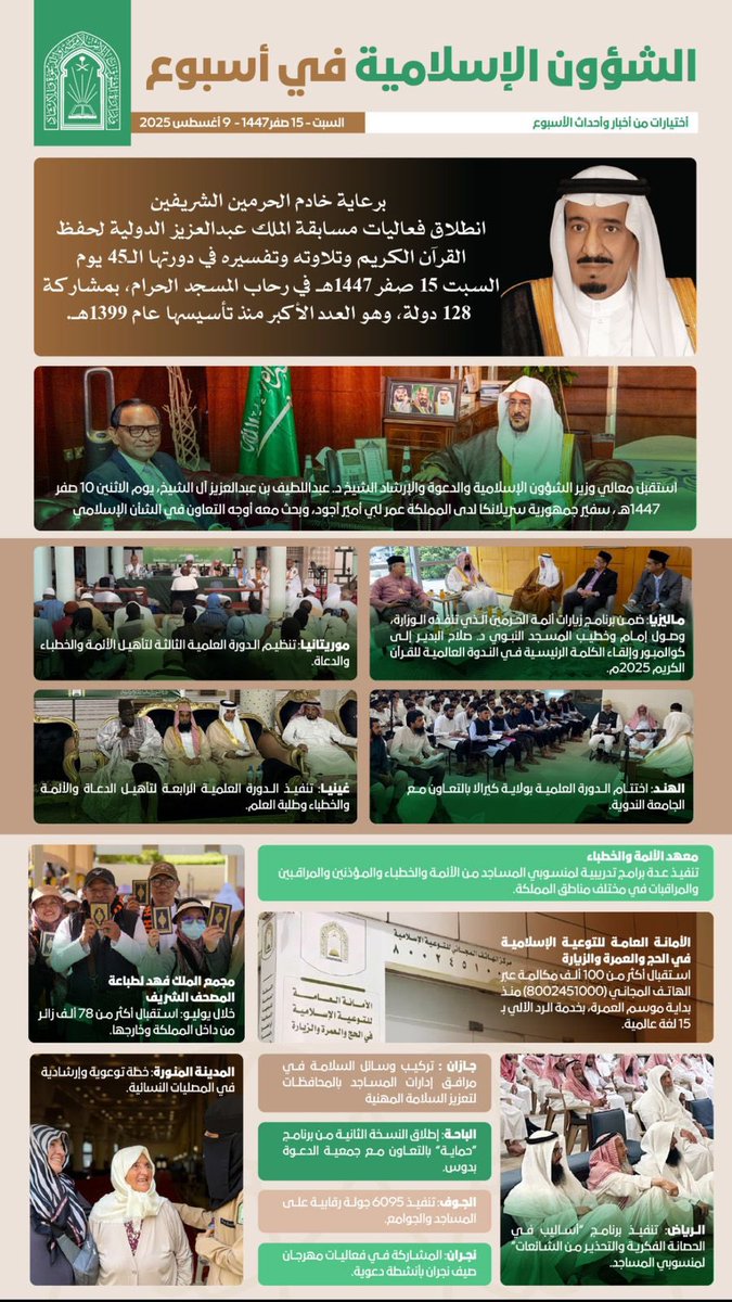 #الأخبـار |

#الشؤون_الإسلامية_في_أسبوع
#مسابقة_الملك_عبدالعزيز_الدولية
<a href="/Saudi_Moia/">وزارة الشؤون الإسلامية 🇸🇦</a>
<a href="/quran_gov/">مسابقة القرآن الكريم المحلية والدولية</a>