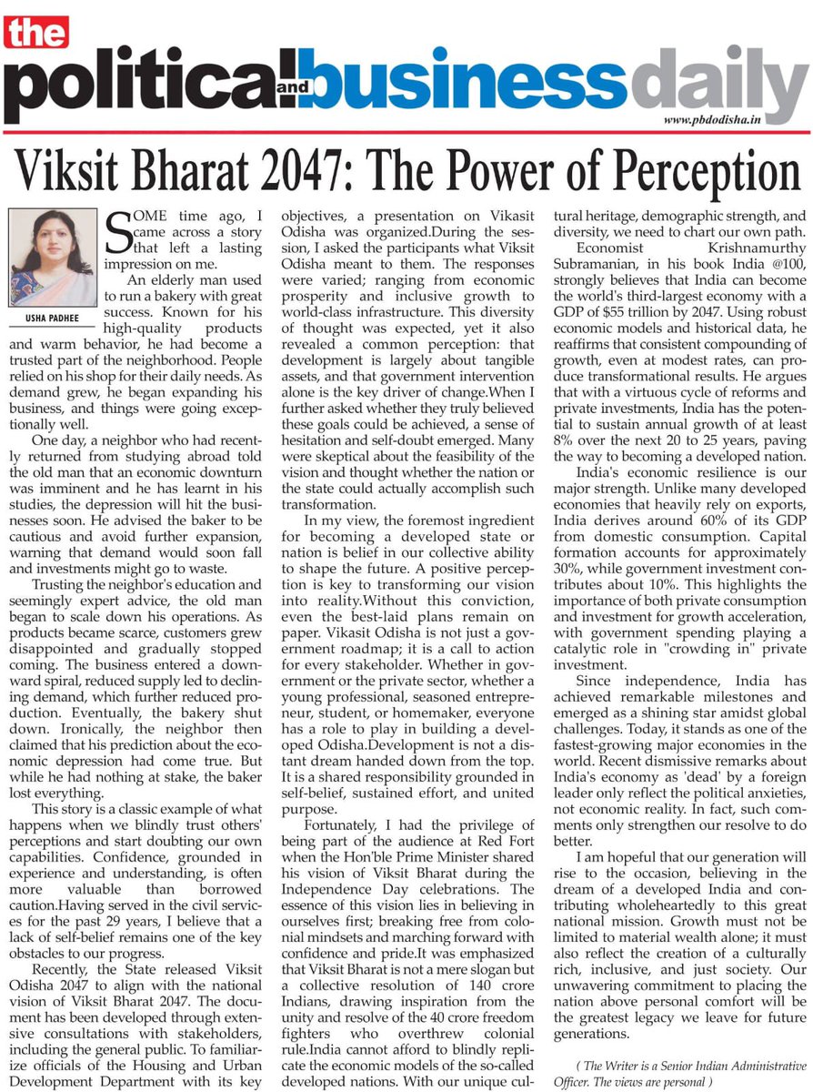 My piece in @ThePBDaily: Viksit Bharat 2047: The Power of Perception. Our generation must dedicate itself to nation-building, setting aside personal comforts to create a better India for the generations to come. #BonitasBytes 
<a href="/arvindpadhee/">Arabinda K Padhee</a>