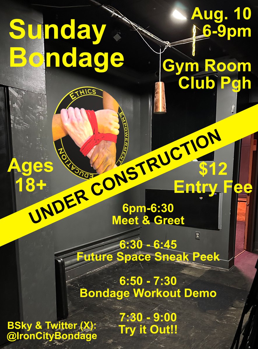 Join us SUNDAY August 10th from 6-9pm at Club Pgh in the Gym Room. A demo on Bondage Workouts and how to go harder with your workout routine!  Also we will be doing a sneak peek at the future meeting space Club Pgh.  See Yinz Sunday!