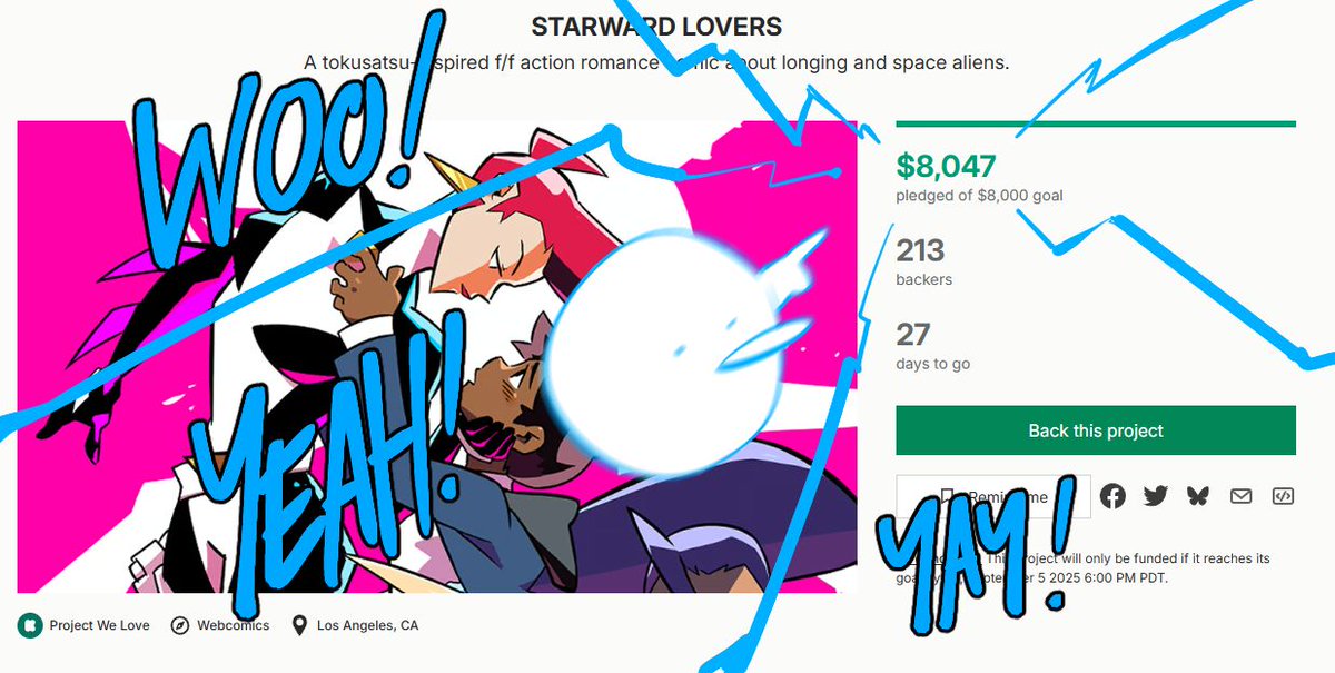 itsmeMIKIB's tweet photo. Hey everyone we are FUNDED!!! IN LESS THAN A WEEK!!! WOO!! Thank you so much to everyone who pledged! 🥳 🥳 🥳 

The book is 232 pages with a 30+ page art gallery of concept sketches and thumbnails. This is gonna be my first book n I'm excited to bring it to you! https://t.co/mcFbQuw1th