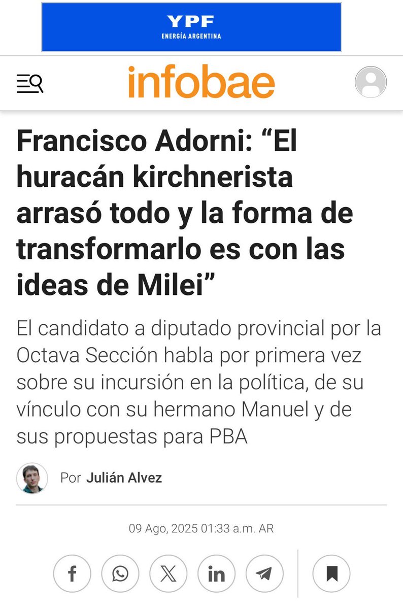 Infobae promocionando al hermano de <a href="/madorni/">Manuel Adorni</a>. 

(Con publicidad de YPF).