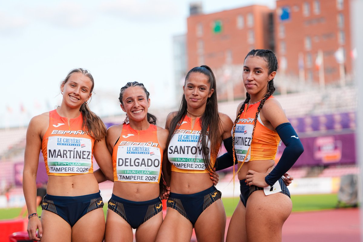 A la final  y corriendo mucho 👏👏👏👏

El relevo 4x100m #EspañaAtletismo🚺 logra la segunda plaza en su serie y se meten Q directamente para la final
⏱️ 44.74
Carla Arwen Martínez 🤝 Estrella Santoyo🤝Marina Delgado🤝Laura Martínez

a 8 centésimas del R.ESP ... 2ª mejor marca de