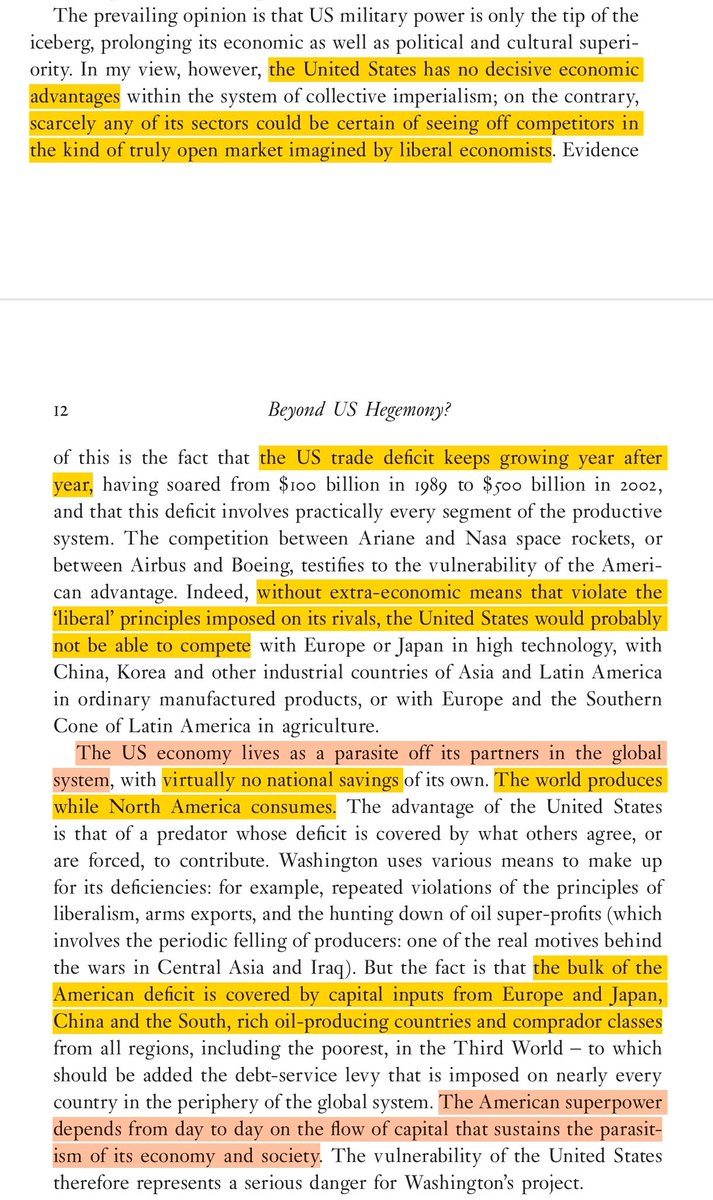 Trump's tariffs make much more sense in the light of this very prescient analysis by Samir Amin back in 2006: 

"The US economy lives as a parasite off its partners in the global system, with virtually no national savings of its own. The world produces while North America