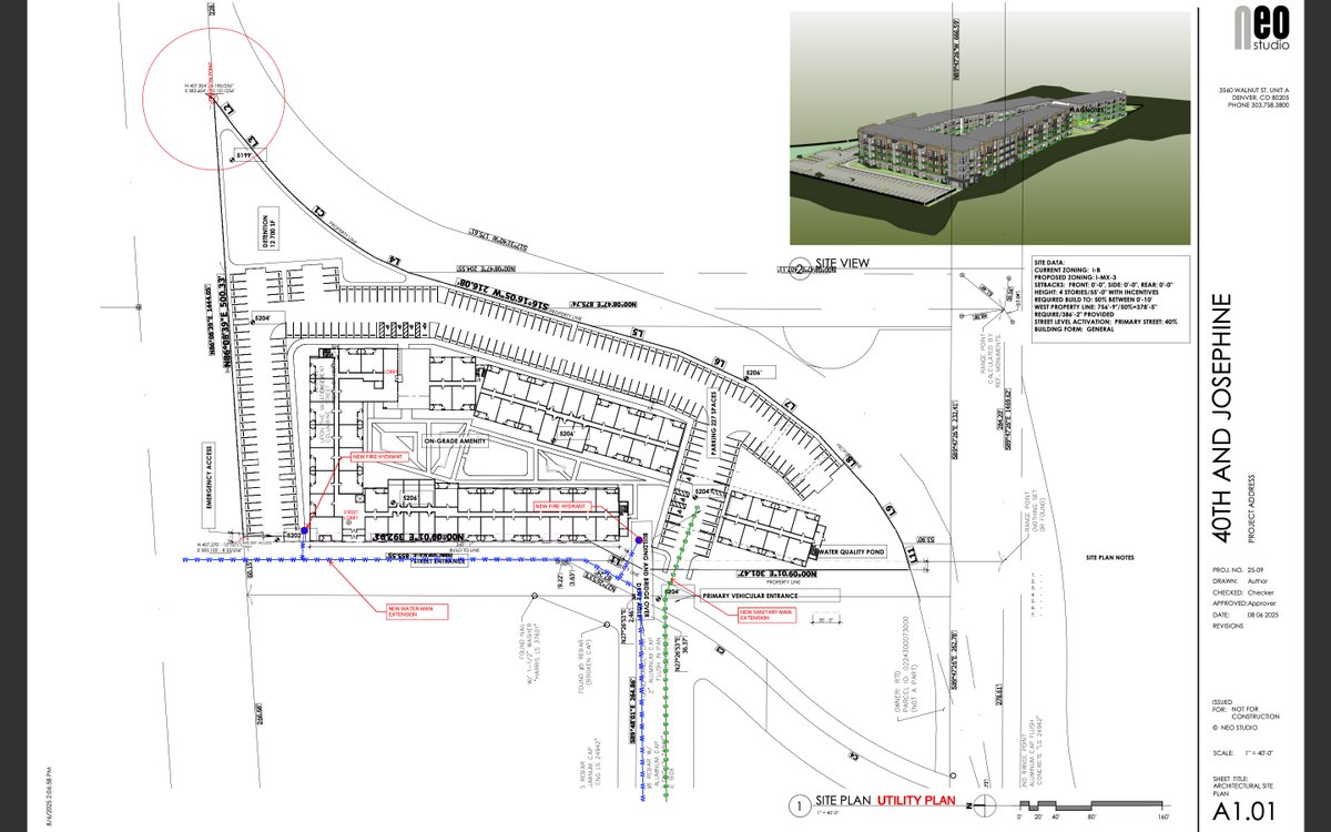 BuildUpDenver's tweet photo. PROPOSED
York Court, Josephine St, &amp; 41st Ave, #Denver 80205
4-story apts uses EHA to exceed 3-story zone by including 94 affordable homes. Redevelops strange lot w/ freight/RTD rail tracks on two edges. 313 homes (379 beds) with 227 surface parking spots wrapping the building https://t.co/BWl3QuCTRt