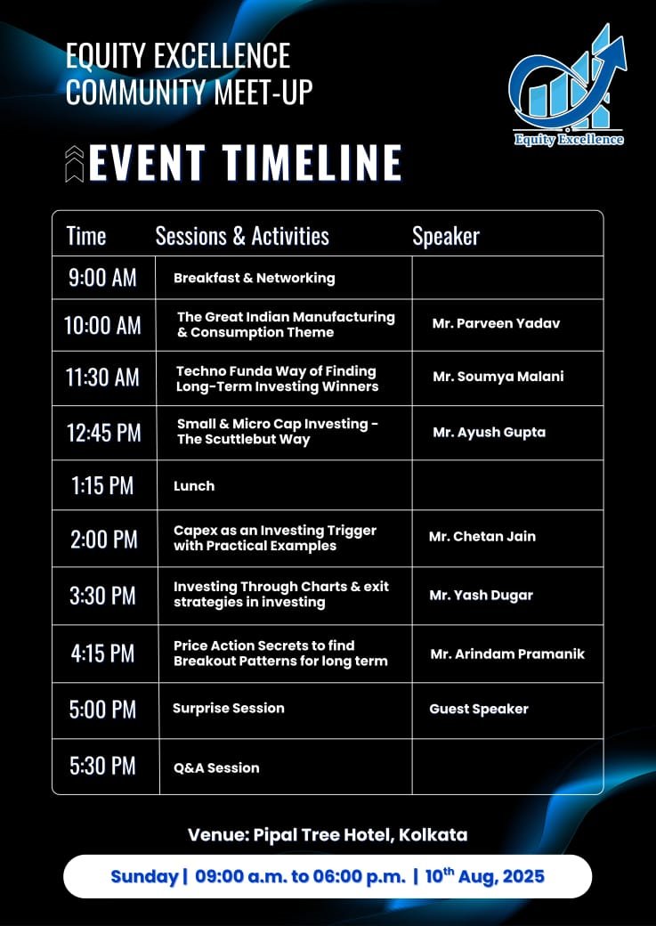 🎤 Excited to be speaking at the Equity Excellence Community Meet-Up in Kolkata tomorrow see you all in the event

I'll be sharing insights on Price Action Secrets to find long term breakouts along with some amazing speakers <a href="/EquityExcel/">Equity Excellence™</a> , <a href="/insharebazaar/">Soumya Malani</a>  and <a href="/InvestorAyush/">AYUSH GUPTA</a>  📊🔥