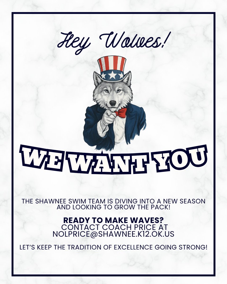 ShawneePublicSchools (@shawneepublic) on Twitter photo Hey Wolves! Shawnee Swim wants YOU!
Join a team that’s all about winning the right way — with hard work and Wolf pride.
Ready to make waves?
Contact Coach Price at nolprice@shawnee.k12.ok.us.
Let’s keep the tradition of excellence going strong!
#GoWolves #ShawneeStrong Hey Wolves! Shawnee Swim wants YOU!
Join a team that’s all about winning the right way — with hard work and Wolf pride.
Ready to make waves?
Contact Coach Price at nolprice@shawnee.k12.ok.us.
Let’s keep the tradition of excellence going strong!
#GoWolves #ShawneeStrong