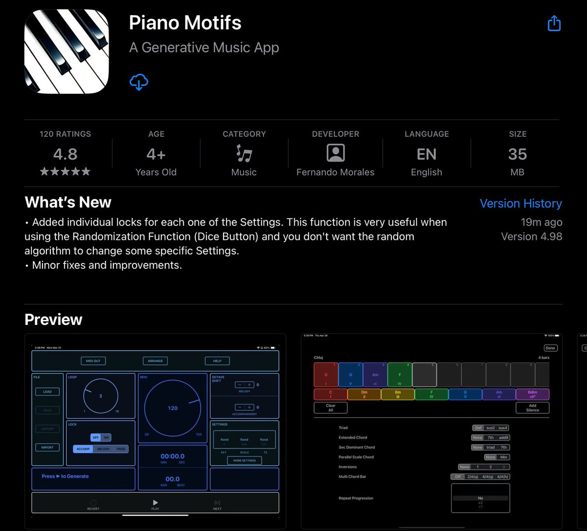 A new version of Piano Motifs (v4.98) is now available. You can now lock individual Settings so they don’t change when using the Randomize function!
#generativemusic #ipadmusic #musicapp #midi #iosmusicproduction #iosapps #auv3 #musicideas #musicinspiration  #pianomotifs