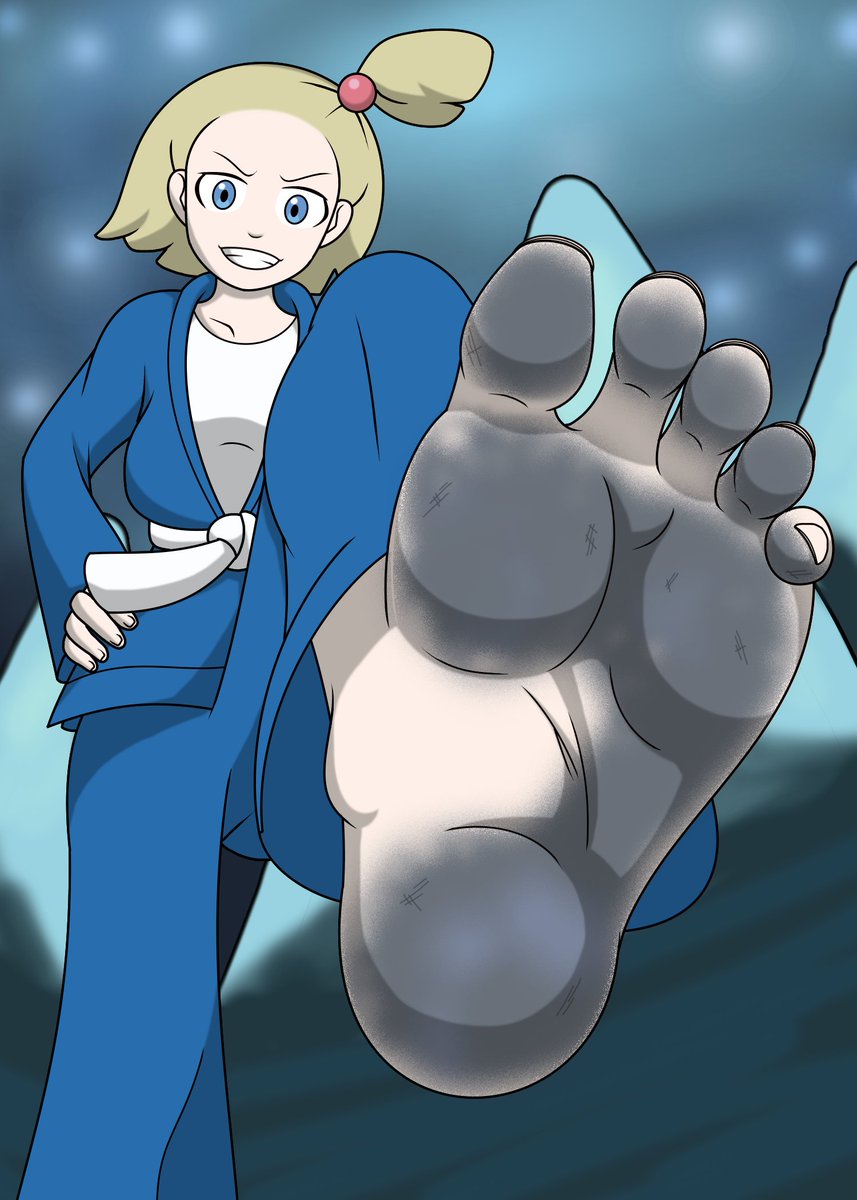 Kalos Battle Girl Hedvig Foot Domination (Pokémon X&amp;Y)

"Mirror mirror on the wall, who has the strongest feet of them all?"

For context, Hedvig is an infamous Nuzlocke killer. She also happens to be barefoot.