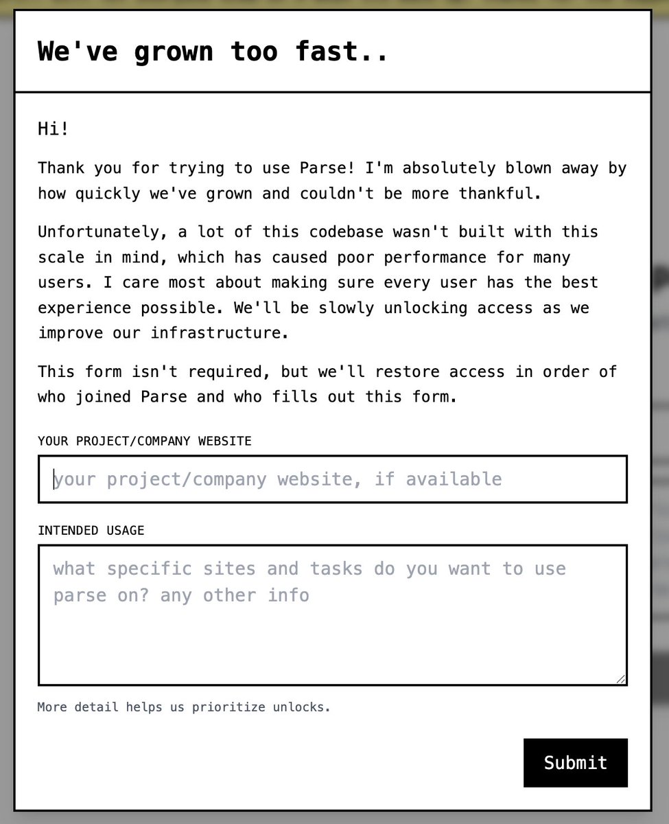 alexscraping's tweet image. Parse hit 11k users! 

Unfortunately, its been broken the last few days. rlly did not build for this scale.

I want everyone to have a great experience, so I&apos;m temporarily limiting access while fixing things. Restoring ~500-1000 users per day.

Check the website for details!