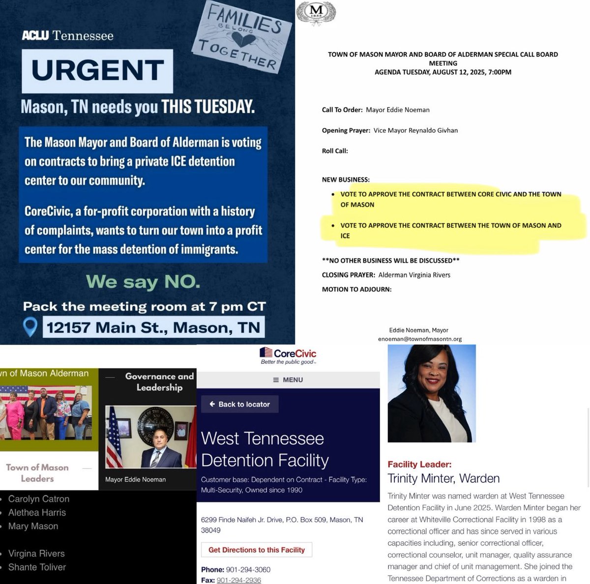 The Tennessee Holler (@thetnholler) on Twitter photo 🚨 INBOX: MASON, TN is set to vote on approving contracts with CORE CIVIC & ICE to reopen a prison as an ICE detention facility in West Tennessee on TUESDAY.
<a href="/aclutn/">ACLU of Tennessee</a>: “PACK THE ROOM”
To email the aldermen & mayor👇🏽:
Firstinitiallastname@townofmasontn.org
(Names bottom left) 🚨 INBOX: MASON, TN is set to vote on approving contracts with CORE CIVIC & ICE to reopen a prison as an ICE detention facility in West Tennessee on TUESDAY.
<a href="/aclutn/">ACLU of Tennessee</a>: “PACK THE ROOM”
To email the aldermen & mayor👇🏽:
Firstinitiallastname@townofmasontn.org
(Names bottom left)