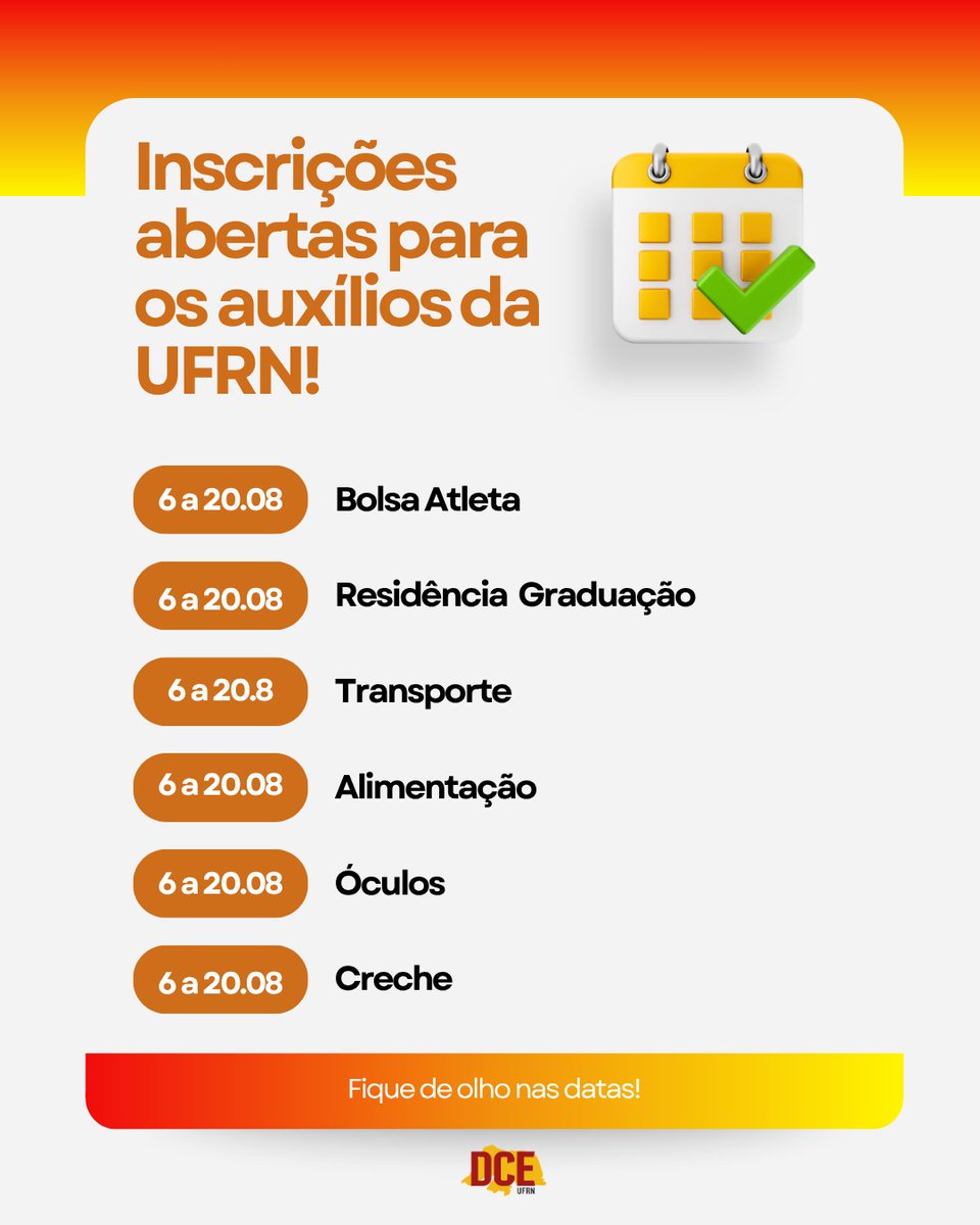 ufrnDCE's tweet photo. 📢 A PROAE divulgou o cronograma de inscrições para os auxílios da UFRN. Fiquem atentos(as) às datas e garantam sua inscrição dentro do prazo! 📆✍️

⚠️ Atenção: para solicitar qualquer um dos auxilio é necessário aderir ao Cadastro Único no Sigaa.

#DCEUFRN #AssistênciaEstudantil https://t.co/3Pimf1GDfM