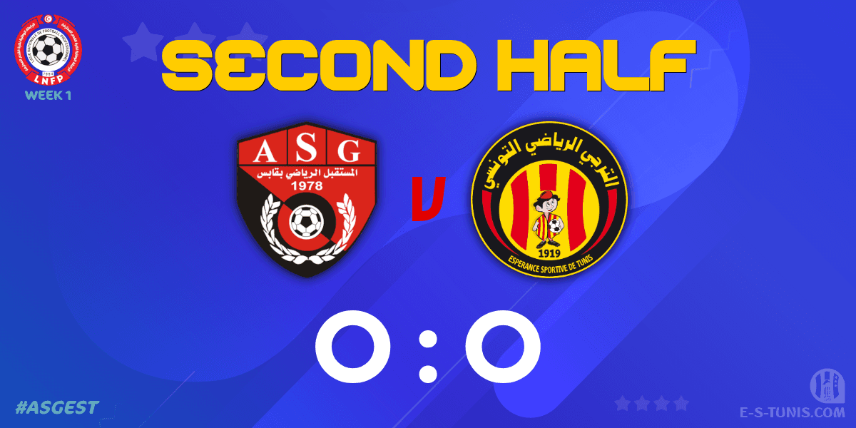 ESTuniscom's tweet photo. ⏱ 46' | #Ligue1Tn🇹🇳 Week 1 #ASGEST | #ASGabes 0⃣-0⃣ @ESTuniscom : The second half kicks off / بداية الشوط الثاني / Coup d'envoi de la seconde période https://t.co/4SDzfIToeA