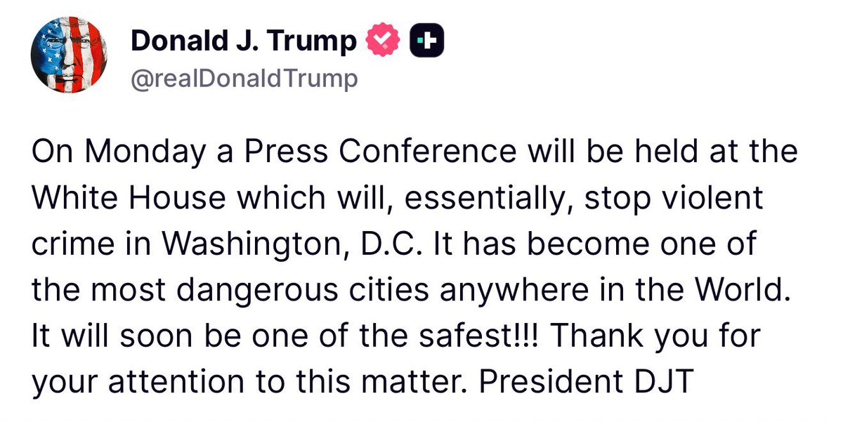 WarClandestine's tweet image. Oh boy. Here we go!
Sounds like Trump is going to take federal control of DC!
This comes as Trump is about to end the war between Russia/Ukraine, and as grand juries are convening for the treasonous plot against Trump.
Trump is preparing for something big.