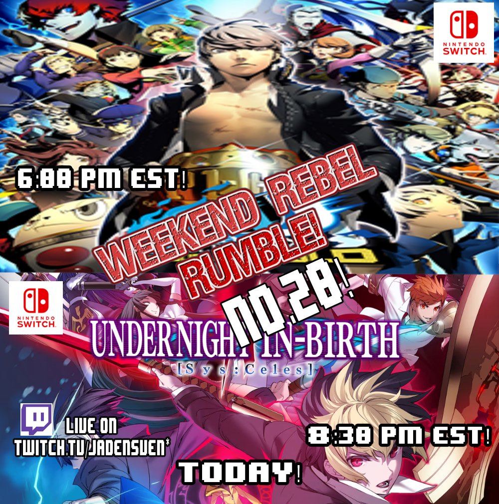 Calling all in-births, and Persona users! Today is the day! WRR 20 staring P4AU &amp; UNI2 are gracing your stream feeds! There's still time to register until 5:00 PM! SO HURRY!

start.gg/wrrnt

#netplay #nso #p4au #tournament #finals #NintendoSwitch #uni2