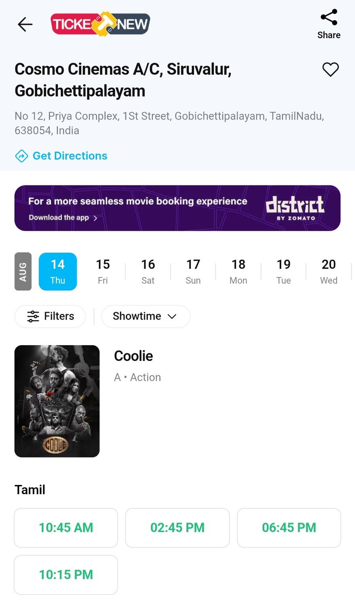 Cosmo Cinemas Siruvalur (@siruvalur_cosmo) on Twitter photo #Coolie
BOOKINGS OPEN NOW‼️💥
<a href="/Siruvalur_Cosmo/">Cosmo Cinemas Siruvalur</a> A/C | 2K DOLBY 7.1
Show begins @ 10:45 AM | 02:45 PM | 06:45 PM | 10:15 PM
Online <a href="/TicketNew/">TicketNew</a> <a href="/district_india/">District</a>🎟️
<a href="/Haricosmo/">HARI</a>
#கூலி #Rajinikanth <a href="/rajinikanth/">Rajinikanth</a>
<a href="/Dir_Lokesh/">Lokesh Kanagaraj</a> <a href="/anirudhofficial/">Anirudh Ravichander</a>
<a href="/sunpictures/">Sun Pictures</a> <a href="/RedGiantMovies_/">Red Giant Movies</a>
<a href="/KanthaswamyC/">Kanthaswamy Arts Centre</a> #Coolie
BOOKINGS OPEN NOW‼️💥
<a href="/Siruvalur_Cosmo/">Cosmo Cinemas Siruvalur</a> A/C | 2K DOLBY 7.1
Show begins @ 10:45 AM | 02:45 PM | 06:45 PM | 10:15 PM
Online <a href="/TicketNew/">TicketNew</a> <a href="/district_india/">District</a>🎟️
<a href="/Haricosmo/">HARI</a>
#கூலி #Rajinikanth <a href="/rajinikanth/">Rajinikanth</a>
<a href="/Dir_Lokesh/">Lokesh Kanagaraj</a> <a href="/anirudhofficial/">Anirudh Ravichander</a>
<a href="/sunpictures/">Sun Pictures</a> <a href="/RedGiantMovies_/">Red Giant Movies</a>
<a href="/KanthaswamyC/">Kanthaswamy Arts Centre</a>