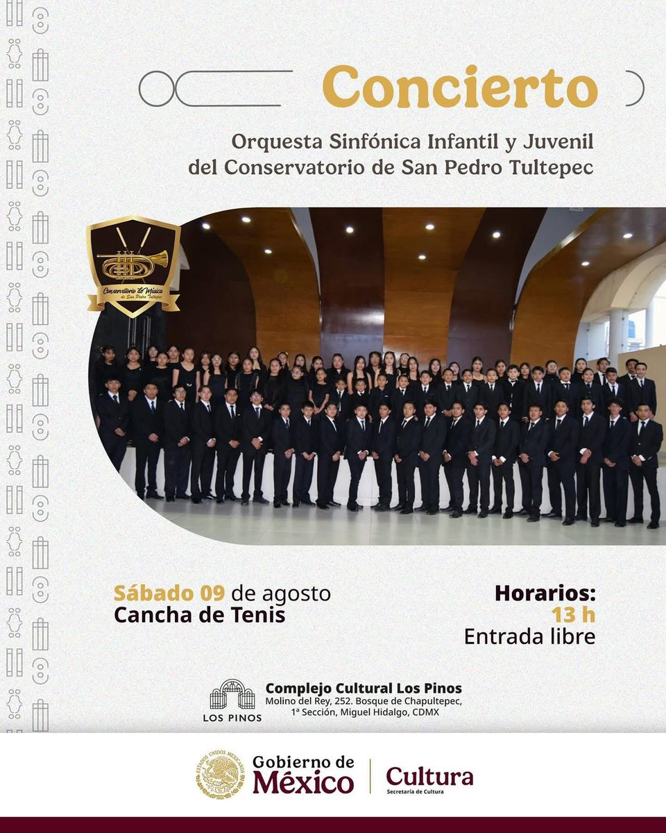 Recuerda que hoy tenemos una cita para escuchar a la Orquesta Sinfónica Infantil y Juvenil del Conservatorio de San Pedro Tultepec. 

Vienen con todo su corazón para compartirnos su talento a través de bellas canciones. 

Nos vemos en la cancha de tenis. 
Entrada libre