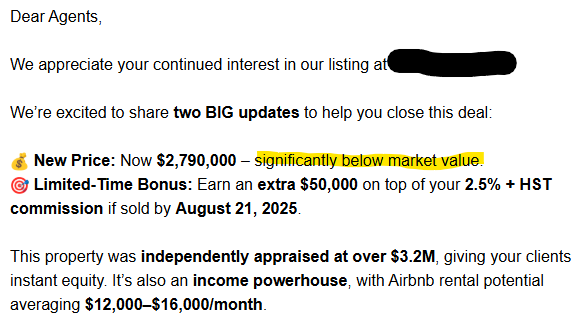 Got this spam from an agent today. The "market" value is what someone will pay for it. So it's kind of a joke that this is "significantly below market value." 

(I guess they're going off the appraisal - but when was that done? And how independent were they actually?)