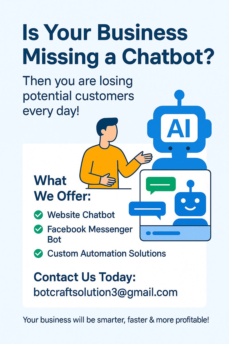 BotCraftSLN's tweet photo. 🚀 Boost Your Business with AI Chatbots!
At BotCraft Solution, we create smart, automated chatbots that work 24/7 to engage your customers, answer questions, and boost sales — all without extra staff!

#BotCraftSolution #AIChatbot #BusinessGrowth #Automation #CustomerSupport https://t.co/J0blGy8XxH
