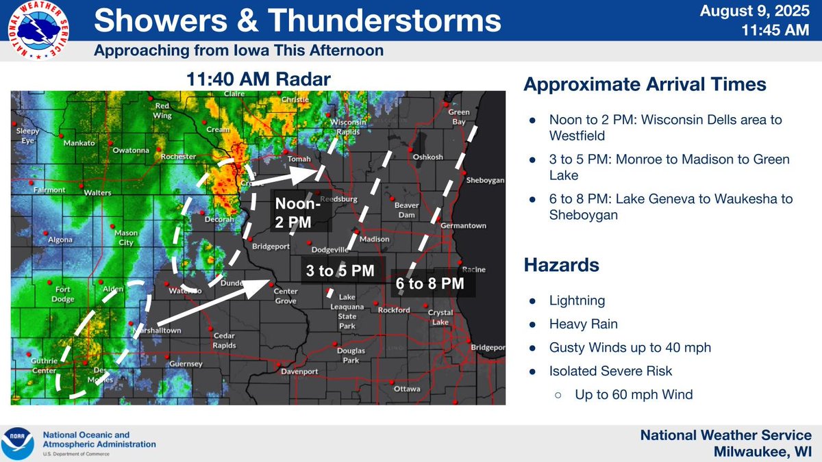 Showers and thunderstorms are pushing into SW WI and NE IA late this morning. Timing of the storms are estimated to arrive between 3 and 5 PM near Madison and 6 to 8 PM near Waukesha. Lightning, heavy rain, and gusty winds are the storm threats. #wiwx
