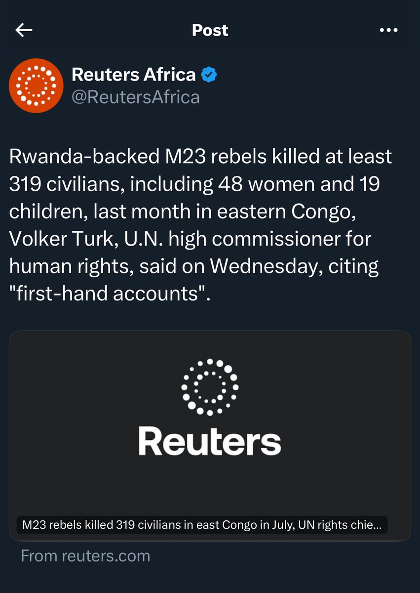 Yolande Makolo 🇷🇼 (@yolandemakolo) on Twitter photo “<a href="/Reuters/">Reuters</a> has not been able to independently confirm the killings, but a local activist cited witnesses as describing M23 combatants using guns and machetes to kill scores of civilians.”
<a href="/soniarolley/">Sonia Rolley</a> & <a href="/volker_turk/">Volker Türk</a> - this is pathetic by any standard. Looks like the prospect of a “<a href="/Reuters/">Reuters</a> has not been able to independently confirm the killings, but a local activist cited witnesses as describing M23 combatants using guns and machetes to kill scores of civilians.”
<a href="/soniarolley/">Sonia Rolley</a> & <a href="/volker_turk/">Volker TĂĽrk</a> - this is pathetic by any standard. Looks like the prospect of a