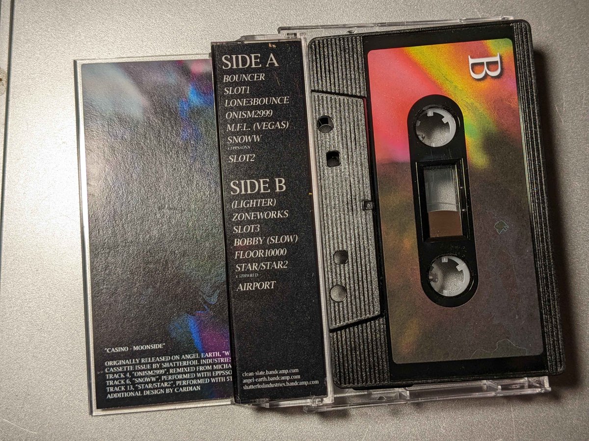 Copies of CASINO (<a href="/patbytes/">pat!</a>) - MOONSIDE are now available on the site!

Lo-fi drum and bass, dance, house, and glitchy electronica all melding together into one coherent project, just as this artist knows how to do best.

shatterfoilindustries.bandcamp.com/album/moonside