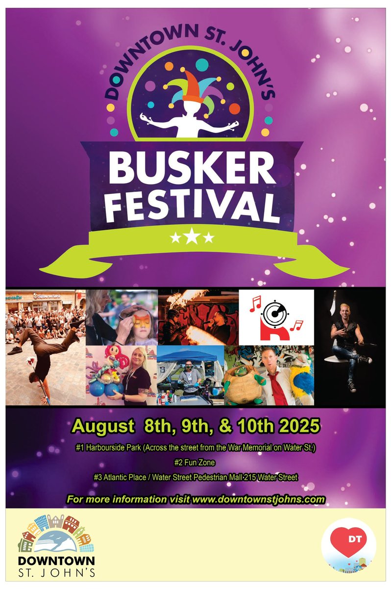Day 2 for Downtown St. John's Busker Festival. Located at 3 sites. .12 noon to 9 pm. Free admission but if you enjoy the shows you can express your appreciation by dropping a little something in their hats 🎩. Head over to downtownstjohns.com for all  the details