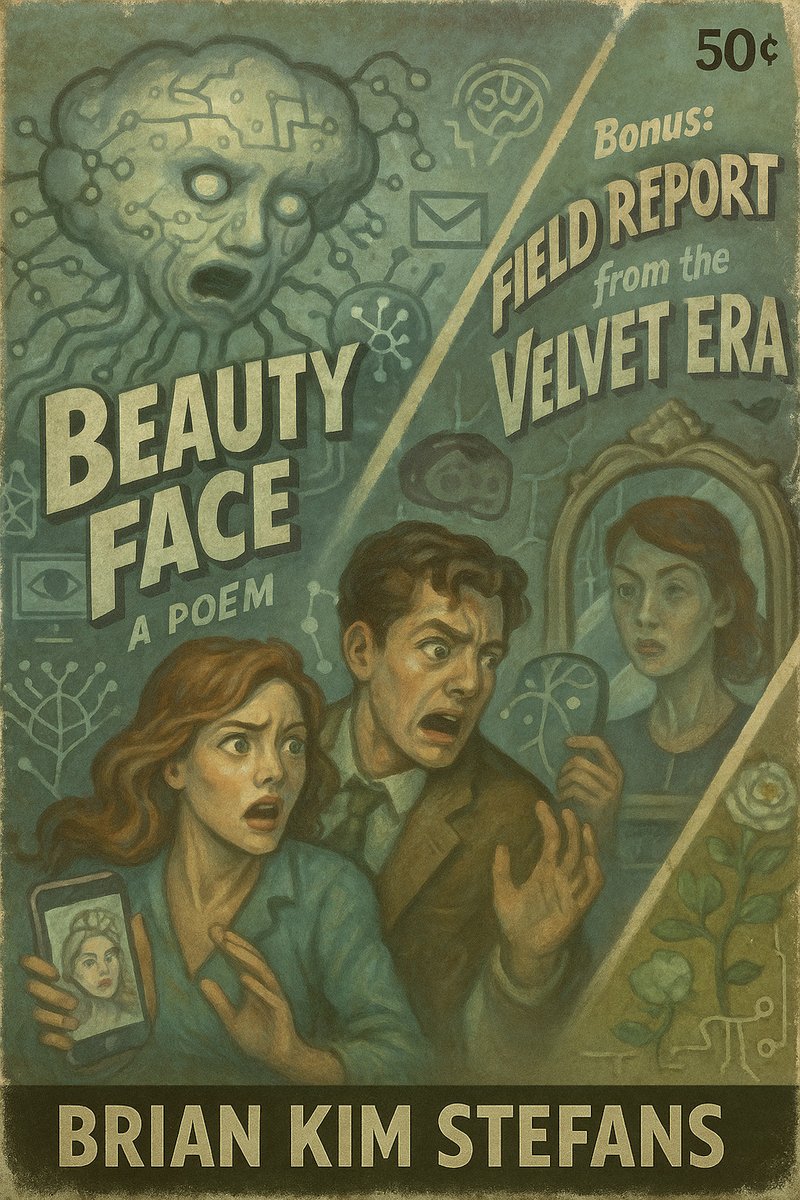 bstefans's tweet photo. I just posted a new chapbook, "Beauty Face: A Poem," that I constructed with the help of ChatGPT, along with another sestina-type thing, the "bonus" poem "Field Report from the Velvet Era." It's a quick read, non-stop action, and richly illustrated! 
https://t.co/IrH3RnuSII https://t.co/HXOBeahYWF