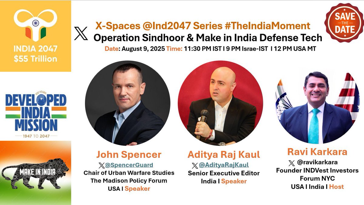 Aditya Raj Kaul (@adityarajkaul) on Twitter photo Together with <a href="/SpencerGuard/">John Spencer</a> and <a href="/ravikarkara/">Ravi Karkara</a> we speak in detail on success of India’s #OperationSindoor against Pakistan today 11:30pm IST.
Do join on the link: x.com/i/spaces/1YpKk… Together with <a href="/SpencerGuard/">John Spencer</a> and <a href="/ravikarkara/">Ravi Karkara</a> we speak in detail on success of India’s #OperationSindoor against Pakistan today 11:30pm IST.
Do join on the link: x.com/i/spaces/1YpKk…