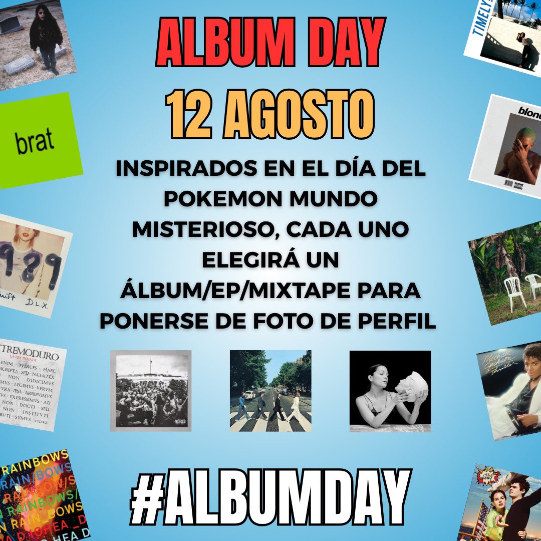 🚨ALBUM DAY

Este 12 de agosto celebramos el día del álbum en esta red social, os doy mas información debajo.

Os pido que subáis el cartel en vuestras cuentas y/o compartais este post para llegar a la máxima gente posible, no es necesario dar créditos ⬇️⬇️⬇️