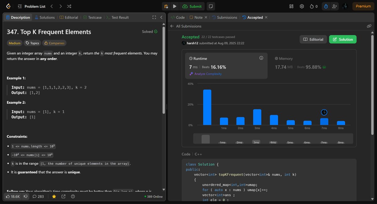 HarshChauh12662's tweet image. Day 96 of #100DaysOfCodeChallenge
Revisited Q347 today — looks like I need to brush up on Bucket Sort again. 
Also, my eyes have been hurting a lot, which probably means I’m spending way too much time on my laptop. Need to start keeping track of my screen time!  #LeetCode