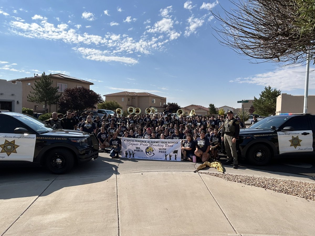 BCSONM's tweet photo. School is back in session! Deputies Osborne and Moya joined the Atrisco High School Jaguar Band for their annual March-A-Thon, escorting them through the community as they played upbeat tunes and collected donations.

We’re always proud to support our local students— great job, Jaguar Band! 🎺