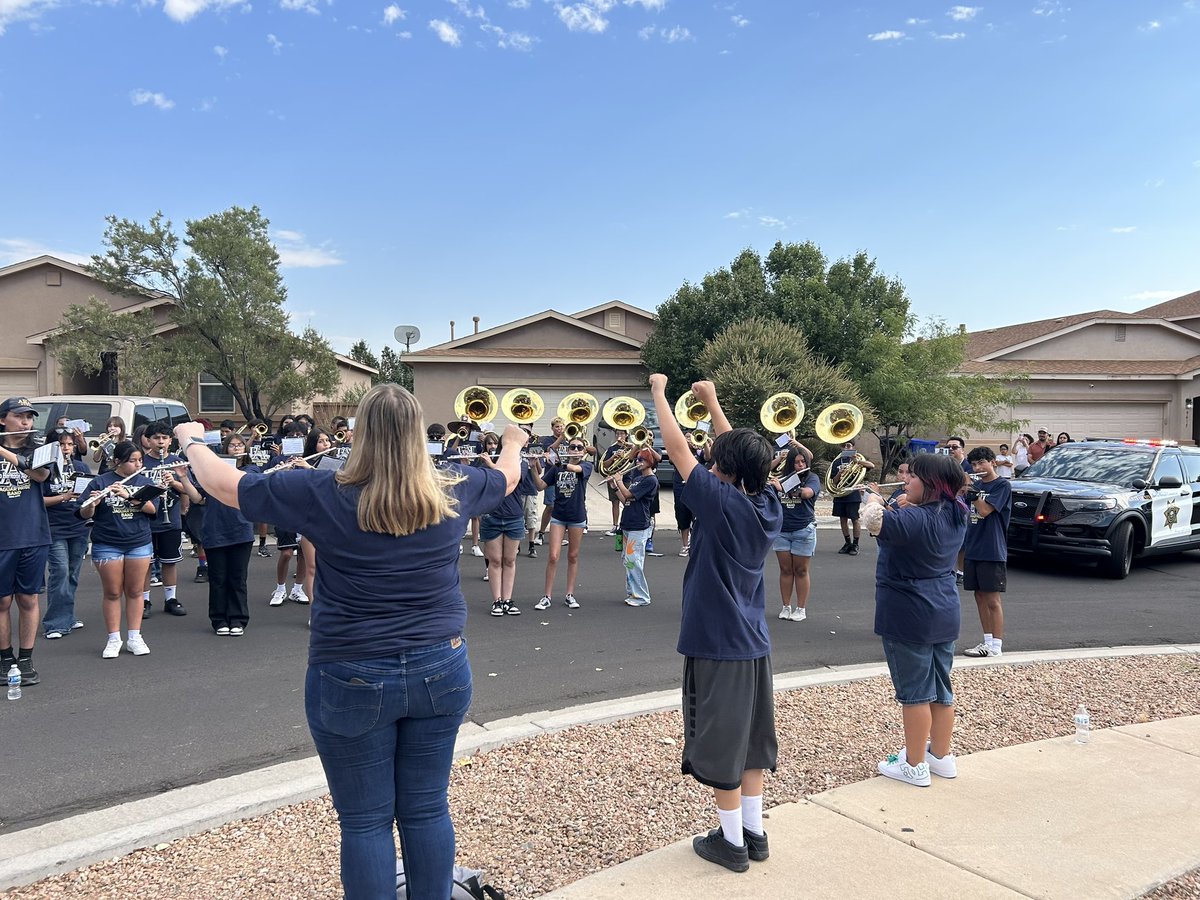 BCSONM's tweet photo. School is back in session! Deputies Osborne and Moya joined the Atrisco High School Jaguar Band for their annual March-A-Thon, escorting them through the community as they played upbeat tunes and collected donations.

We’re always proud to support our local students— great job, Jaguar Band! 🎺