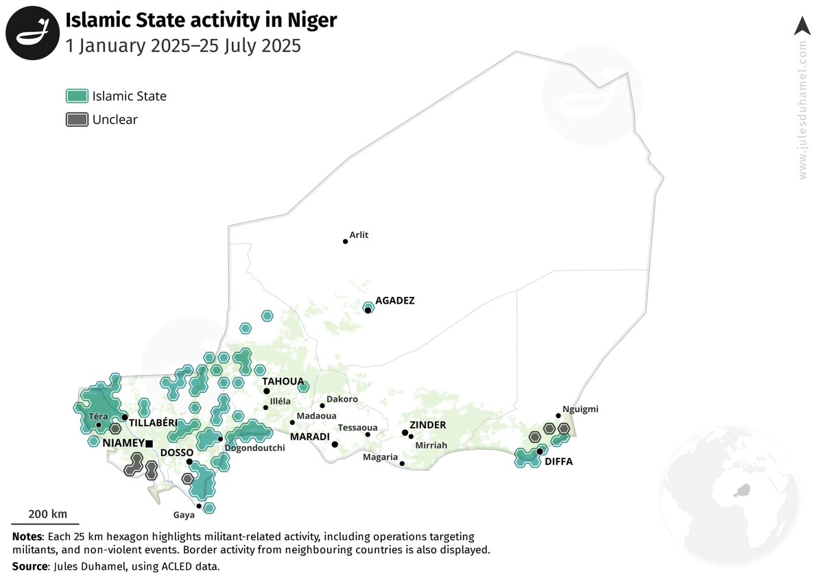 🇳🇪 #Niger – Map of Islamic State activity (January–July 2025).

Islamic State militants are continuing their eastward expansion, notably into Tahoua and Dosso regions, and into northwestern 🇳🇬 #Nigeria (Kebbi, Sokoto).

Data: <a href="/ACLEDINFO/">ACLED</a>