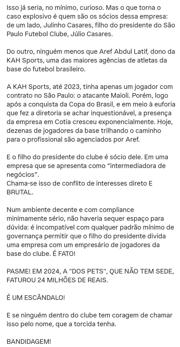 Já falamos sobre esse assunto, mas depois de dois anos parece que as coisas pioraram e o sócio do filho de Casares aumentou o número de jogadores empresariados por ele em Cotia.

O @Ramoni_Artico e o @AgoniaTricolor detalharam tudo no "Tricolor em Debate":
youtube.com/live/SeUKF4JqN…