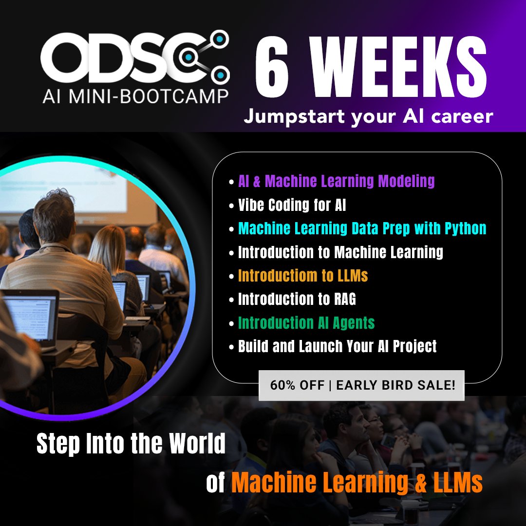 _odsc's tweet photo. Gain deployable AI skills in LLMOps, RAG & AI Agents β no experience needed.
#ODSCBootcamp β 6 weeks, hands-on, project-based + 1 year Ai+ training & a job-ready credential.
π₯ 60% Off Early Bird: https://t.co/YBEmNUjlGT
#AItraining #AIcareers https://t.co/AhNHCtBIFN