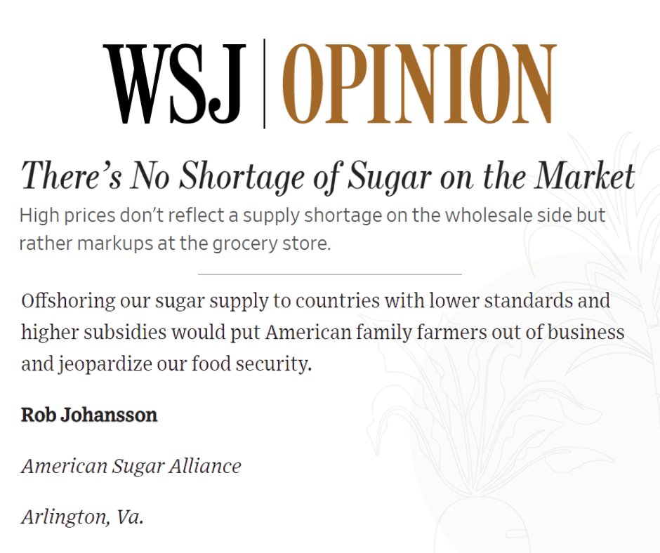 SugarAlliance's tweet photo. When it comes to sugar, wholesale prices have been falling for the past two years. It’s retail prices that are up.

Read more from Dr. Rob Johansson in @WSJ on why there’s not a supply problem, but instead a markup problem, and why offshoring our sugar supply would put American family farmers out of business and jeopardize our food security: https://t.co/65cchd2H97.