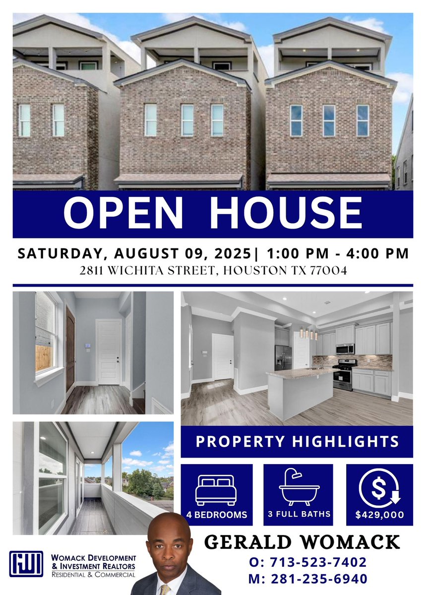 womackdev's tweet photo. OPEN HOUSE ALERT!  
2811 Wichita St.
Sat. Aug. 9th | 1:00 pm to 4:00 pm

4 Beds, 3 Full, 2 Half Baths
Drop by. Take a closer look. Envision your dream home!

Gerald Womack, Broker 
 713.523.7402 or 281.235.6940
https://t.co/vMmWgbqCxk

#DreamHome #OpenHouse #WomackDevelopment https://t.co/Muy9GXHzNy