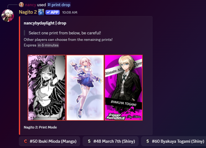 nagito2bot's tweet photo. Haven't you heard? Nagito 2 has a new mode called PRINT MODE! More details in the screenshots below:
- Collections are introduced one at a time.
- Banners/Events will be released into Print Mode during it's duration. https://t.co/Pshq0nbXRS
