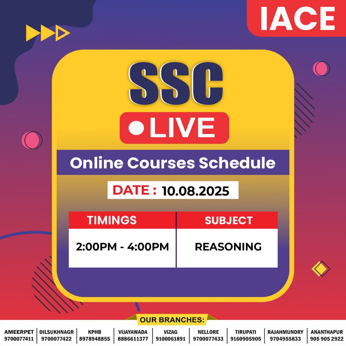 Hyd_IACE's tweet image. 🎯 SSC Online Live Course – 10.08.2025

🔥 Join our LIVE session to master your Reasoning skills for upcoming SSC exams!

💡 Learn from IACE experts and strengthen your exam preparation with real-time guidance and practice.

#IACE #SSC #SSCLiveClass #ThinkGovtJobThinkIACE