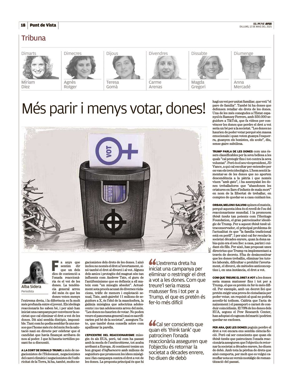 Alba Sidera (@albasidera) on Twitter photo El secretari de Defensa dels EUA, Pete Hegseth, ha compartit un vídeo on uns pastors asseguren q cal eliminar el dret a vot a les dones. Fa pocs mesos vaig avisar q això passaria i vaig explicar per què és un dels objectius de l'extrema dreta reaccionària:
elpuntavui.cat/opinio/article… El secretari de Defensa dels EUA, Pete Hegseth, ha compartit un vídeo on uns pastors asseguren q cal eliminar el dret a vot a les dones. Fa pocs mesos vaig avisar q això passaria i vaig explicar per què és un dels objectius de l'extrema dreta reaccionària:
elpuntavui.cat/opinio/article…