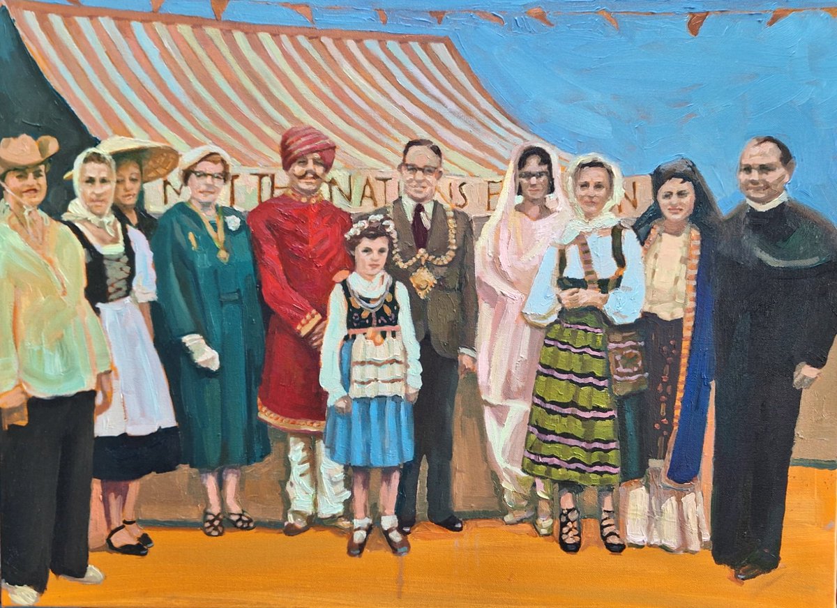 Finally got there at last! Here is, Meet the Nations, 5ft x 2ft, another deepdive into memory, nostaligia and cultural mores. Blog post to follow. #nationaldress #1960s #civicpride #oilpainting #figures