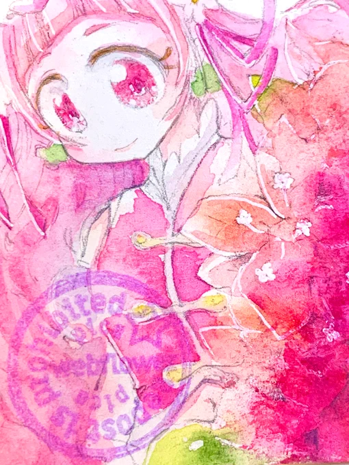 キュアエールちゃんとブーゲンビレア ホワイトワトソン 透明水彩