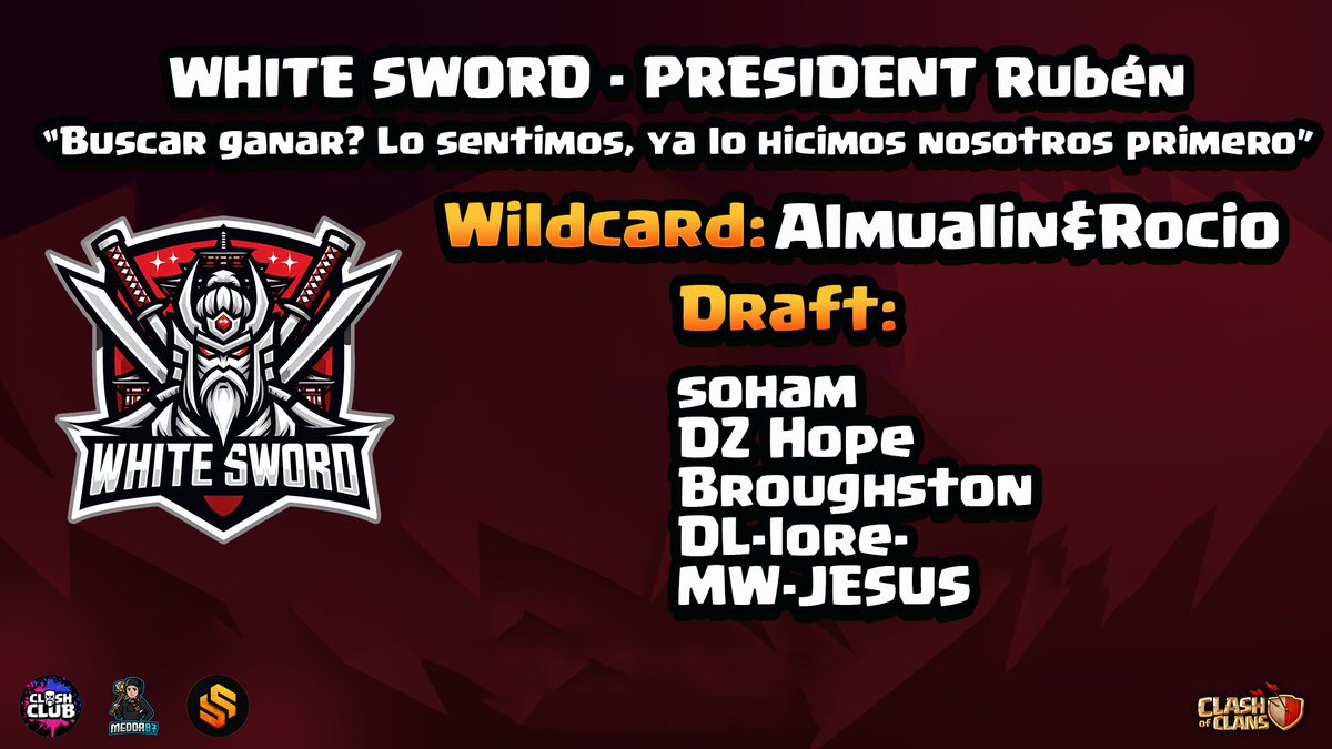 🔥 TEAM ANNOUNCEMENT – WHITE SWORD 💥

✨ ¿Buscas ganar? Lo sentimos, nosotros llegamos primero.

President: <a href="/Ruben_AC27/">Rubén AC27</a>
🎯 Wildcards: Rocio &amp; Almualin
⚔️ Draft: soham, DZ Hope, ᶦᵃᵐBroughston™, DLlore, MW • JESUS

💥 They set the pace — and this season, blades will clash.
